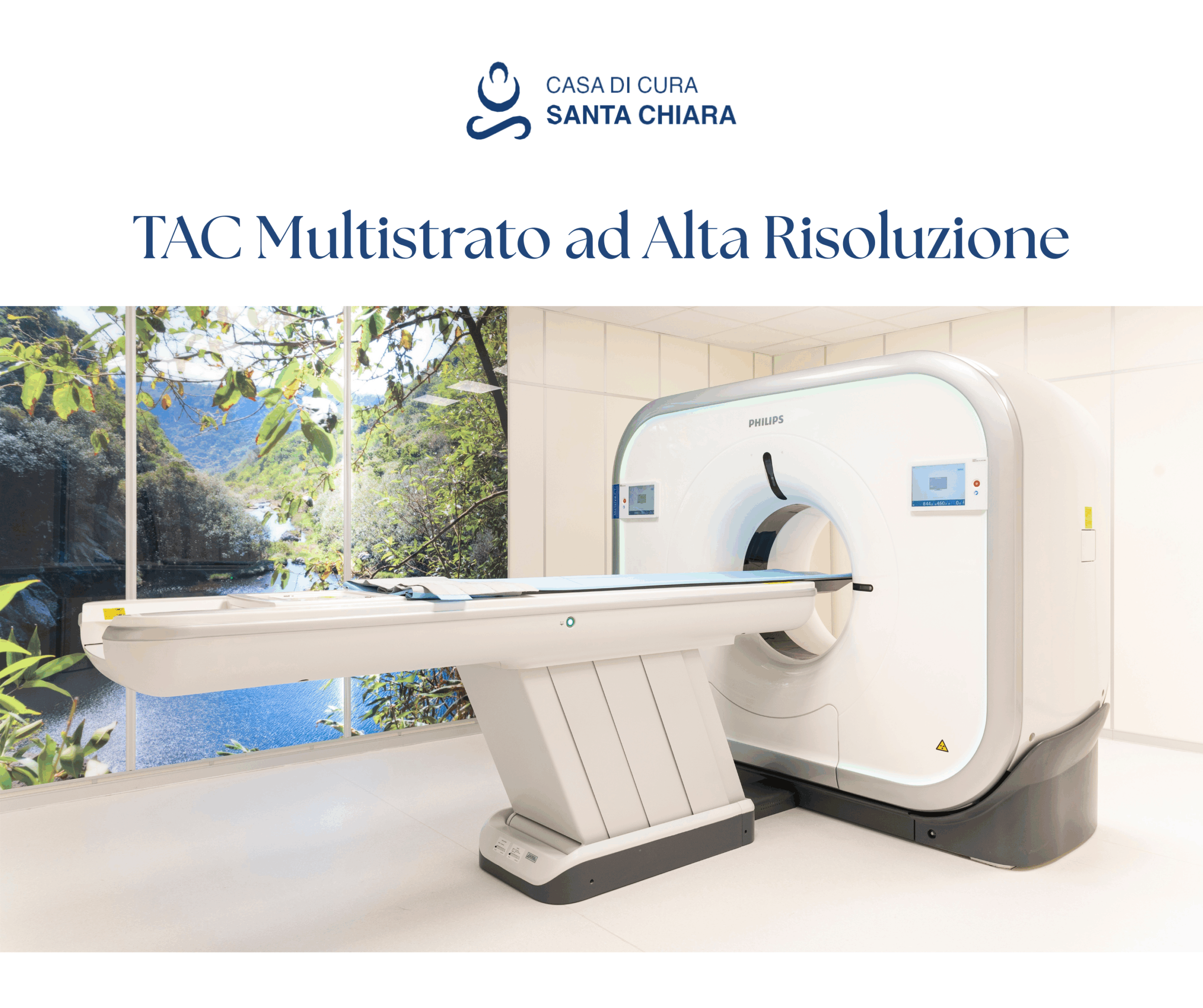 CT scanner in a clinical room with the 'Casa di Cura Santa Chiara' logo and the phrase 'TAC Multistrato ad Alta Risoluzione' visible (informational image).