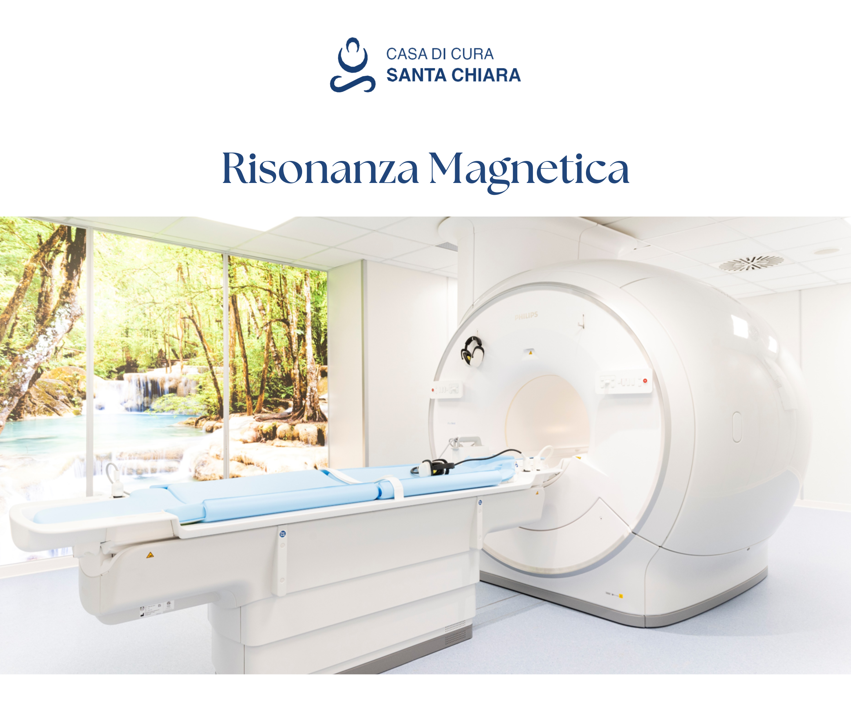 MRI scanner in a clinical room with a blue patient bed and a large circular machine; above is a logo and the Italian text 'Risonanza Magnetica'.