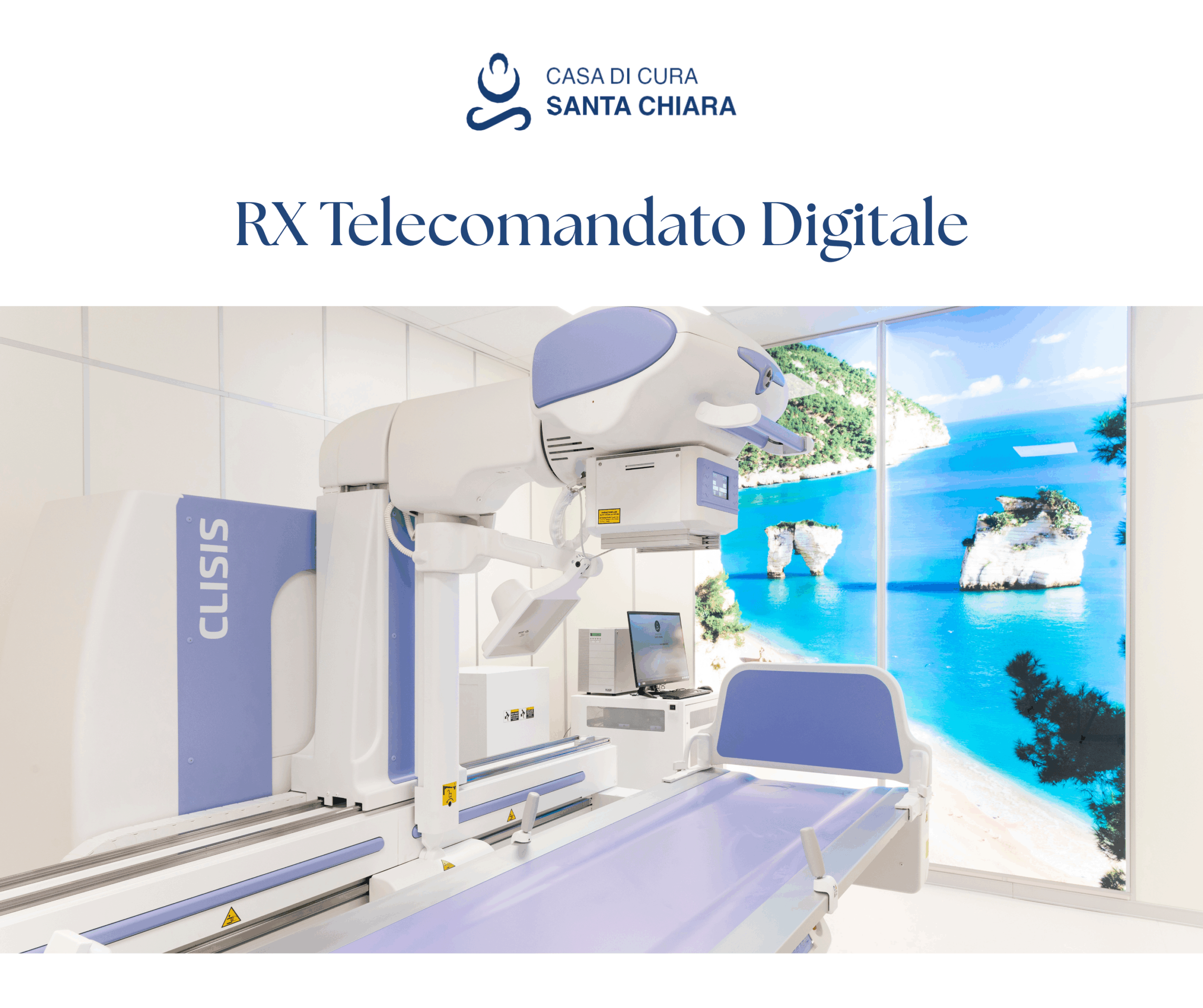 Hospital radiology suite with a large CT scanner and a beachy mural on the wall, labeled RX Telecommandato Digitale at top (Casa di Cura Santa Chiara).